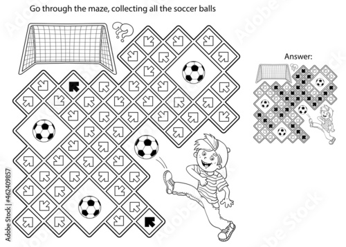 Maze or Labyrinth Game. Puzzle. Coloring Page Outline Of cartoon boy with soccer ball. Football. Sport activity. Coloring book for kids.