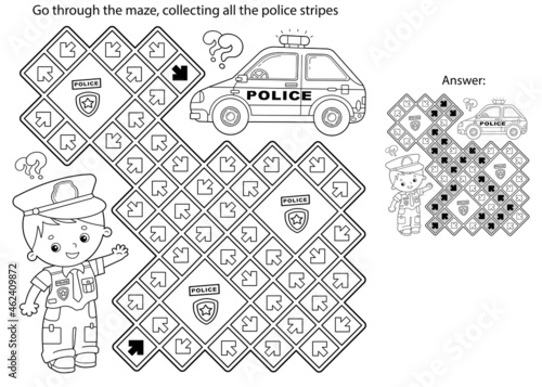 Maze or Labyrinth Game. Puzzle. Coloring Page Outline Of cartoon policeman with car. Profession - police. Coloring book for kids.