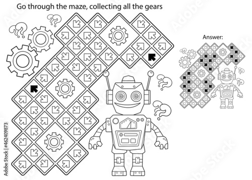 Maze or Labyrinth Game. Puzzle. Coloring Page Outline Of cartoon robot with gears. Coloring book for kids.