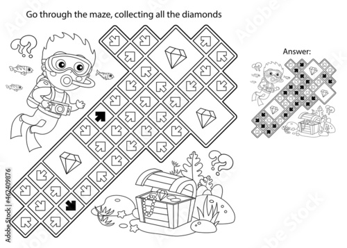 Maze or Labyrinth Game. Puzzle. Coloring Page Outline Of cartoon boy scuba diver with chest of treasure. Marine photography or shooting. Underwater world. Coloring book for kids.