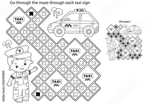 Maze or Labyrinth Game. Puzzle. Coloring Page Outline Of cartoon taxi driver with car. Profession - driver. Taxi. Coloring book for kids.