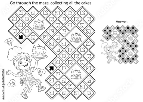 Maze or Labyrinth Game. Puzzle. Coloring Page Outline Of cartoon fun boy chef with cake. Little cook or scullion. Profession. Coloring book for kids.