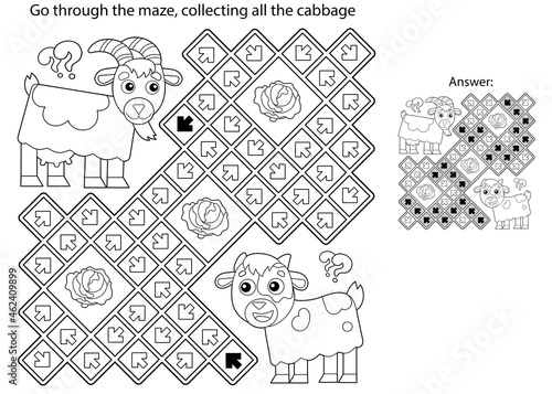 Maze or Labyrinth Game. Puzzle. Coloring Page Outline Of cartoon goat with goatling or kid. Farm animals with their cubs. Coloring book for kids. photo