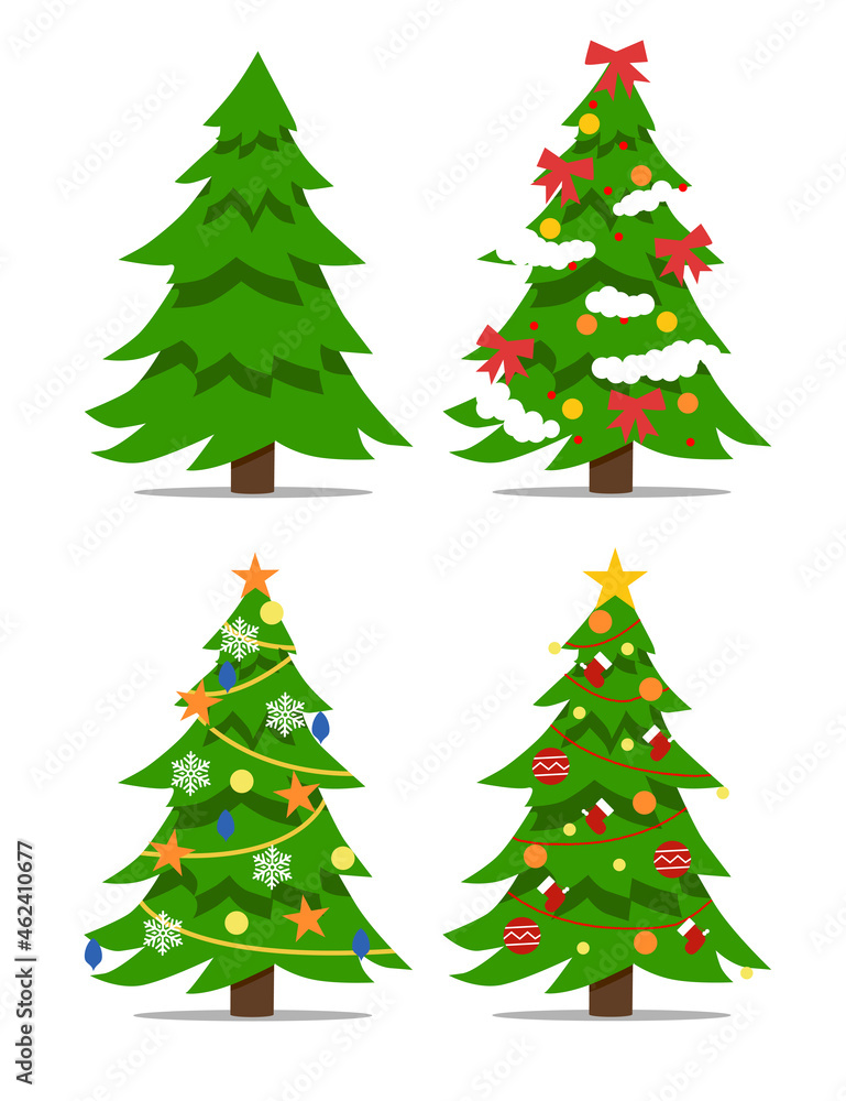 Decorated xmas trees. New Years tree with heralds, striped christmas pine. 2020 winter holidays party green fir with garland decoration. Vector illustration