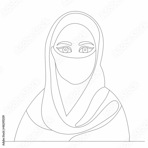 girl in burqa one line drawing isolated, vector