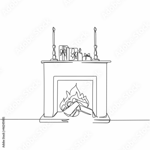 Continuous one line drawing of fireplace christmas decoration in silhouette on a white background. Linear stylized.