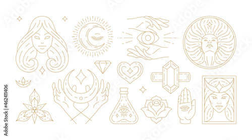 Magic woman boho vector illustrations of graceful feminine women and esoteric symbols set