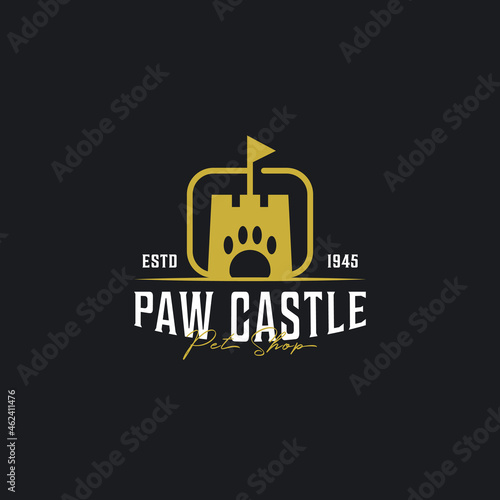 paw castle pet shop simple elegant logo, paw with castle or palace simple modern icon logo vector illustration design