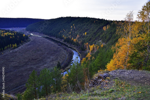 A golden autumn has come in the valley of the Ural river Irgina. View from the top of the rock Vakutin Kamen.