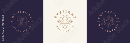 Magic logos emblems design templates set with mystic eye and female hands vector illustrations minimal linear style