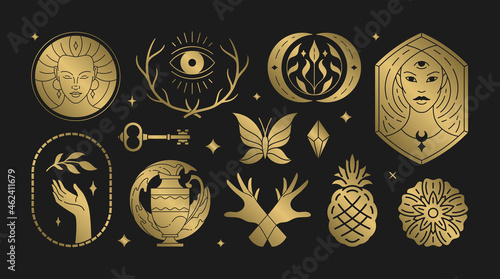 Magic woman boho vector illustrations of graceful feminine women and esoteric symbols set