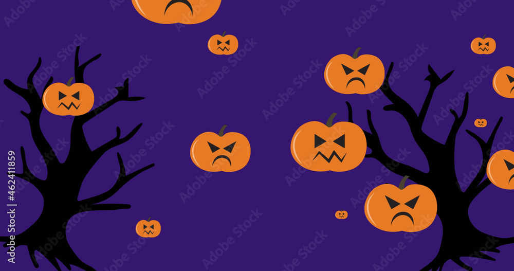Image of pumpkins moving over purple background with trees