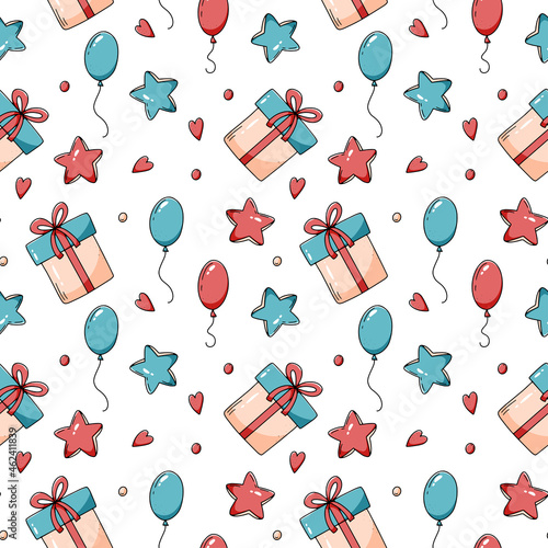 Cute festive seamless pattern with hand drawn design elements. Gift box, star, balloons. Vector endless texture
