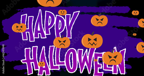 Image of halloween greetings and pumpkins moving over purple background with trees