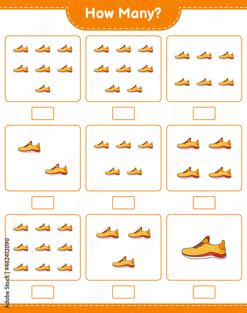 Counting game, how many Running Shoes. Educational children game, printable worksheet, vector illustration