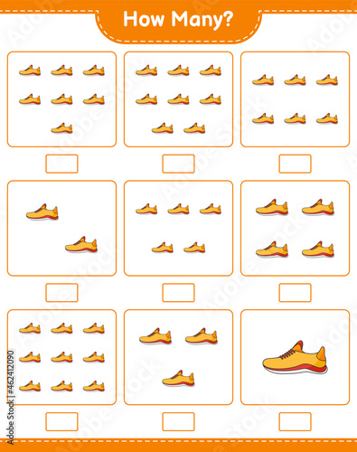 Fototapeta Naklejka Na Ścianę i Meble -  Counting game, how many Running Shoes. Educational children game, printable worksheet, vector illustration