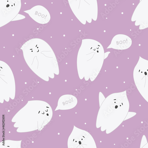 Halloween seamless pattern with ghosts. White ghosts on orange background. Pattern for your design paper, textile.