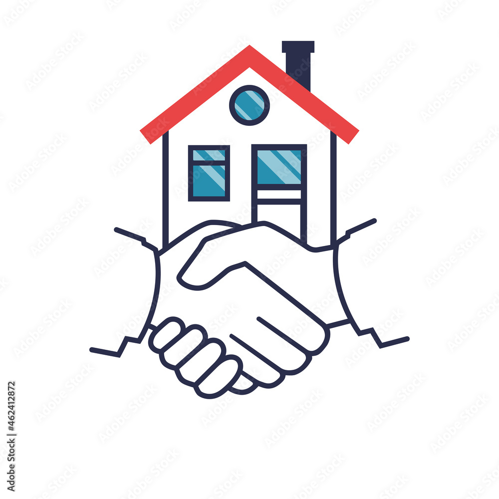 Rental and selling real estate. Vector illustration flat line design. Isolated on background. Handshake broker and client. Silhouette of the line of the house.