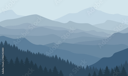 Vector illustration of beautiful mountain landscape with fog and forest. Sunrise and sunset in mountains. Vector illustration, poster