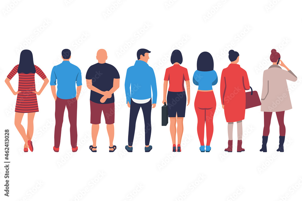 Fototapeta premium People stand back. Young fashionable people in beautiful outfits. Set of man and woman standing. Vector illustration flat design. Isolated on white background. Character caucasian.