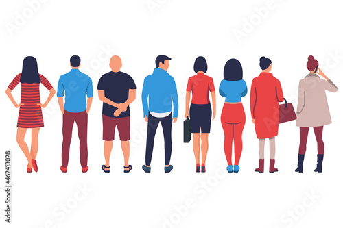 People stand back. Young fashionable people in beautiful outfits. Set of man and woman standing. Vector illustration flat design. Isolated on white background. Character caucasian.