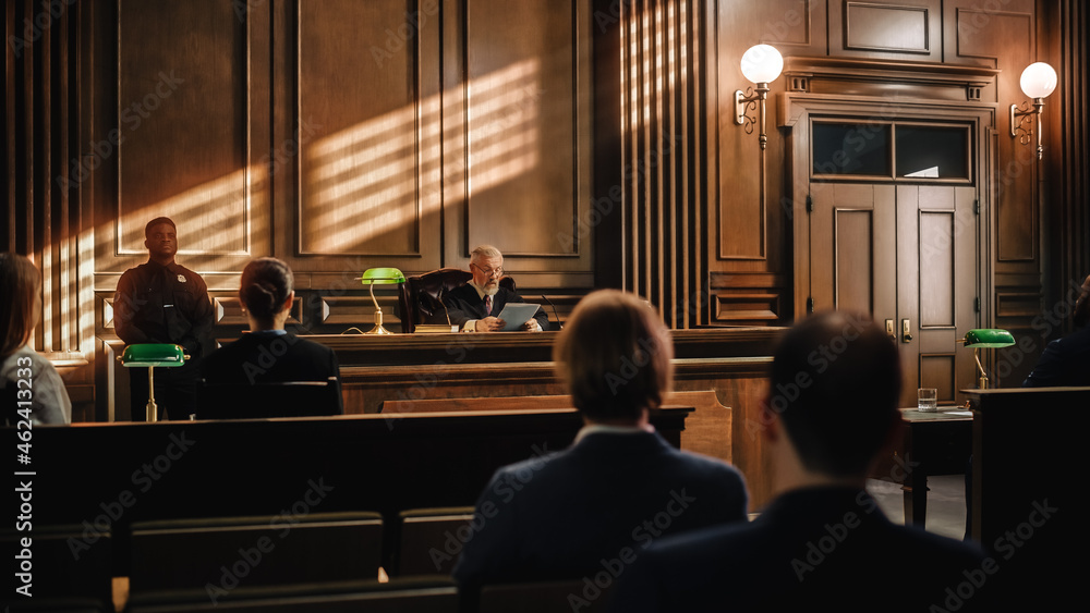 Court of Justice Trial: Impartial Judge and Public are Sitting, Listening. Supreme Federal Court Judge Starts Civil Case Hearing. Sentencing Law Offender. Court of Justice Trial: Impartial Judge and Public are Sitting, Listening. Supreme Federal Court Judge Starts Civil Case Hearing. Sentencing Law Offender.
