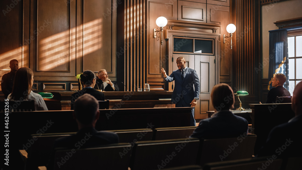 Court of Justice and Law Trial Male Public Defender Presenting Case