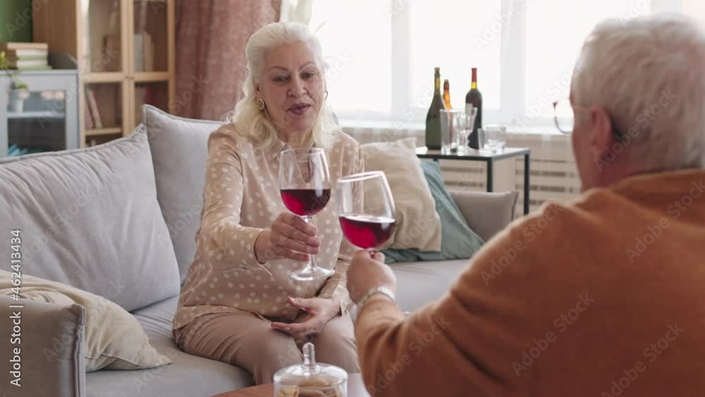 Medium long over-shoulder of happy senior Caucasian woman sitting on couch in living room, talking with man and smiling, drinking red wine from glasses Medium long over-shoulder of happy senior Caucasian woman sitting on couch in living room, talking with man and smiling, drinking red wine from glasses