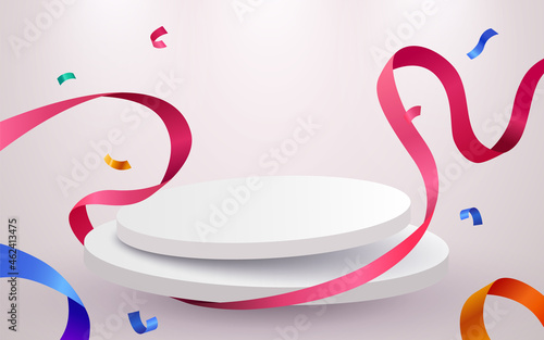Abstract scene background. Cylinder podium background with confetti and ribbons. Product presentation, mock up, show cosmetic product, Podium, stage pedestal or platform.
