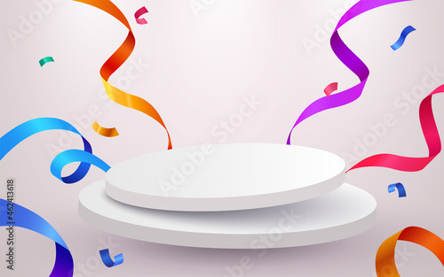 Abstract scene background. Cylinder podium background with confetti and ribbons. Product presentation, mock up, show cosmetic product, Podium, stage pedestal or platform.