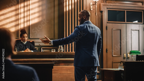 Bild auf Leinwand Court of Law Trial in Session: Portrait of Charismatic Male Public Defender Making Touching, Passionate Speech to Judge and Jury
