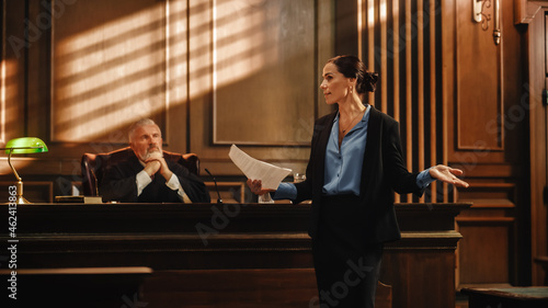 Photography Court of Justice and Law Trial: Successful Female Prosecutor Presenting the Case, Making Passionate Speech to Judge, Jury