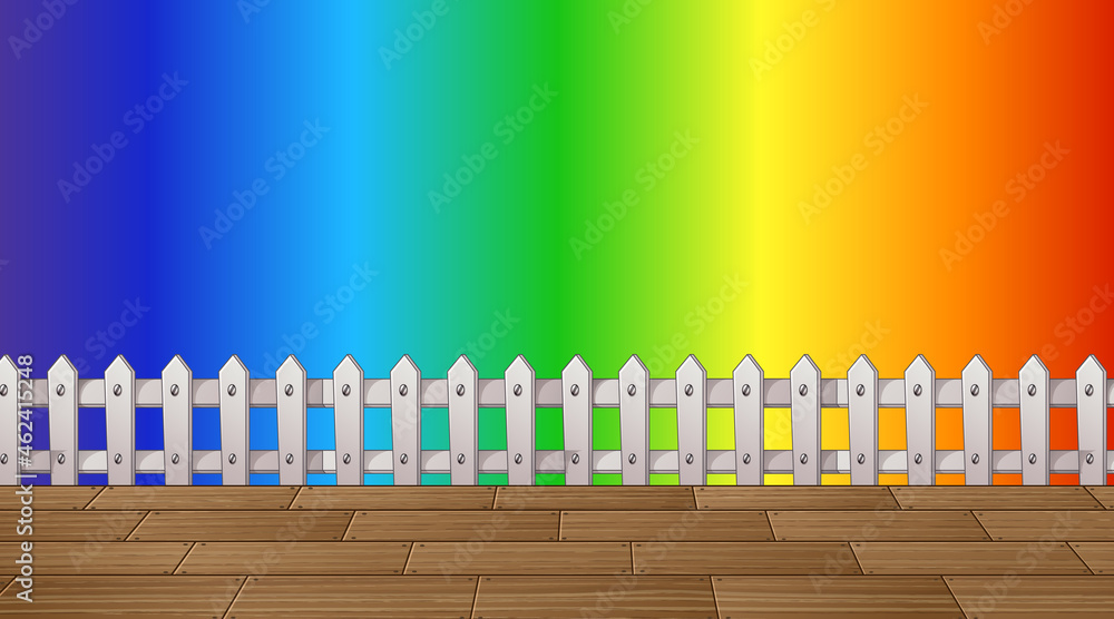 White fence and wood floor on rainbow gradient background White fence and wood floor on rainbow gradient background