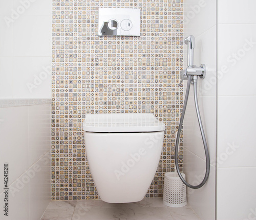 Modern wall-mounted toilet with shower for private spaces. White and clean bathroom