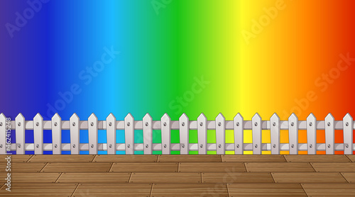 White fence and wood floor on rainbow gradient background