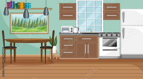 Modern kitchen interior with green wall and furniture