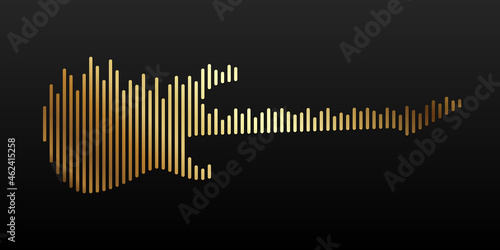 Gold electric guitar shape with equalizer strip lines isolated on a black background. Abstract music instrument concept with audio waveforms. Vector illustration