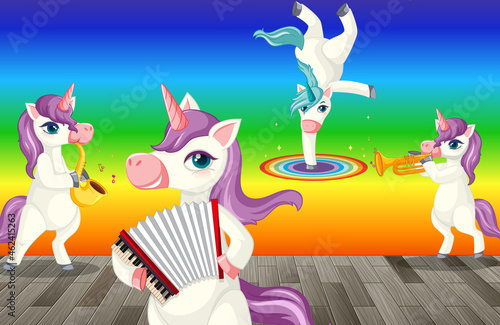Unicorns doing different activities on rainbow gradient background