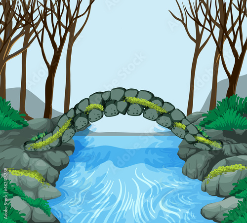 Forest scene with stone bridge cross the river