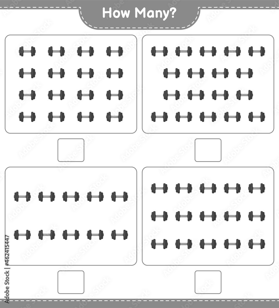 Counting game, how many Dumbbell. Educational children game, printable worksheet, vector illustration Counting game, how many Dumbbell. Educational children game, printable worksheet, vector illustration