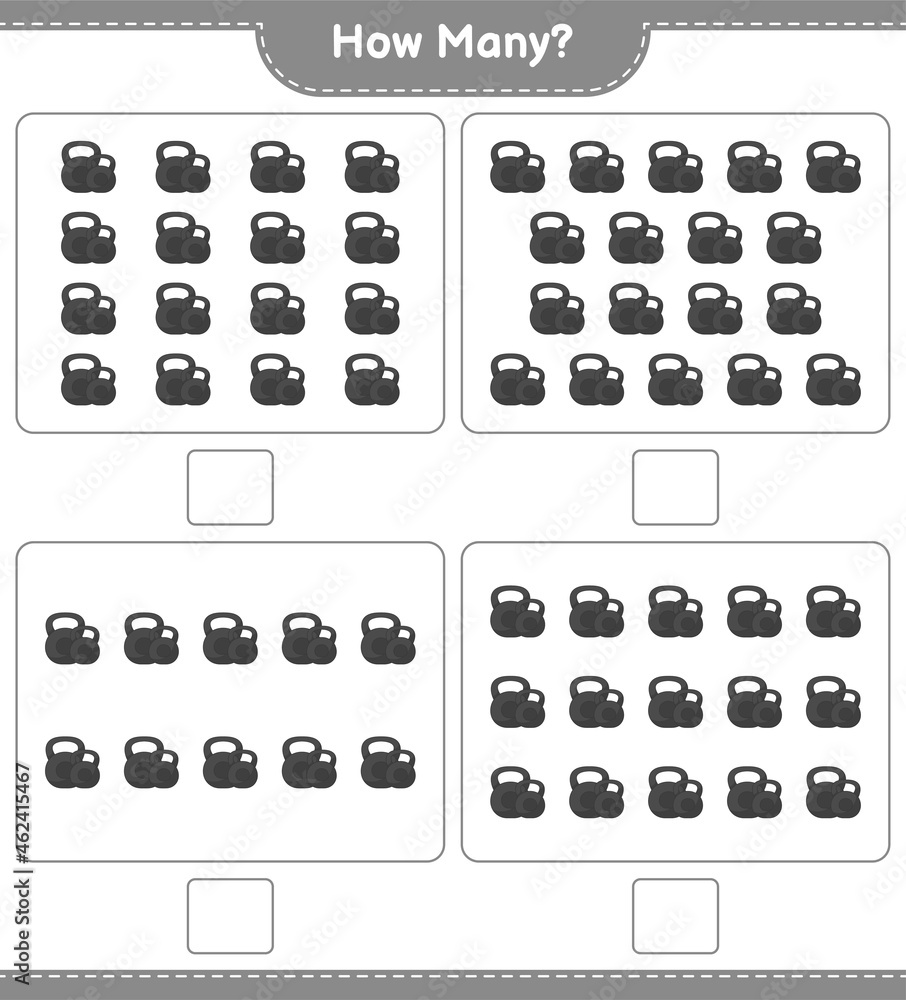 Counting game, how many Dumbbell. Educational children game, printable worksheet, vector illustration Counting game, how many Dumbbell. Educational children game, printable worksheet, vector illustration
