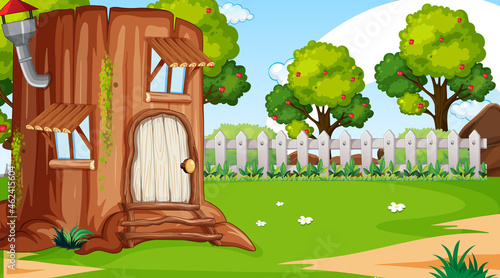 Nature landscape scene background with fantasy log house