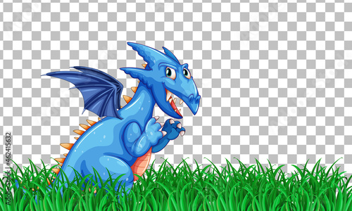 Dragon cartoon character on green grass on transparent background