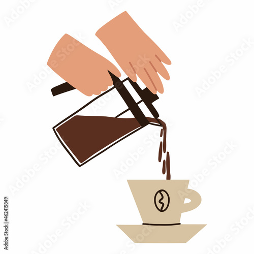 pouring tea into a cup. hand holds Frenchpress. preparing a hot drink. vector flat illustration isolated on white background.
