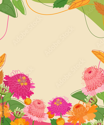 Autumn frame with orange and pink zinnia flower and autumn leaves. Fall background. Bright fall border with blank space for text