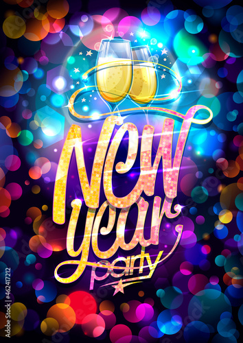 New Year party poster vector design mockup with two champagne glasses