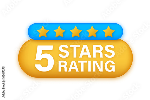 5 star rating. Badge with icons on white background. Vector stock illustration.