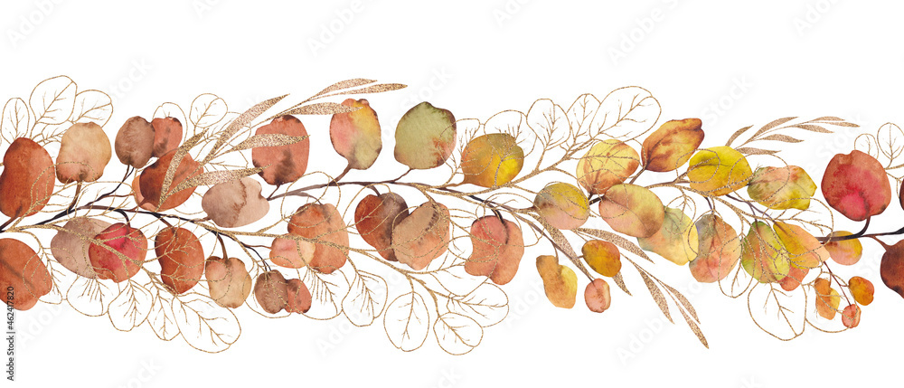 Seamless border with eucalyptus leaves and branches. Watercolor and ...