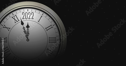 New Year 2022 and Merry Christmas illustration with blurred round clock. Holiday background with wall clock-face dial and Roman numerals. Vector.