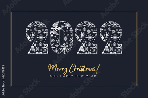 New Year and Christmas illustration with 2022 number made of snowflakes and gold frame. Design for holidays banner  card or poster. Vector.